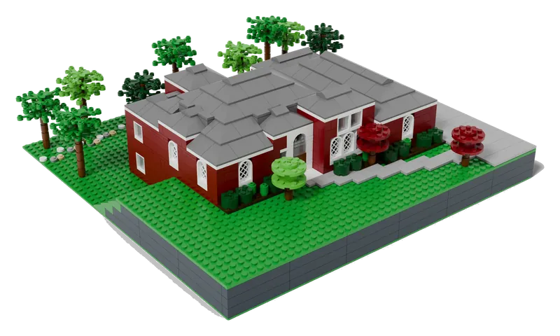 A red-brick French Country home with hipped roofs, built in bricks
